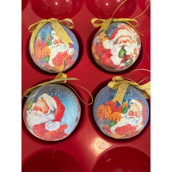 Other - Vintage Style Santa Claus Christmas Ornaments Set of 4 Glitter Gold Bows Blue